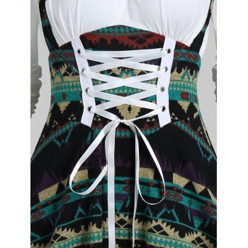 Tribal Geometric Print Ethnic Dress Cold Shoulder Lace Up Faux Twinset Dress Ruffled Long Sleeve Dress