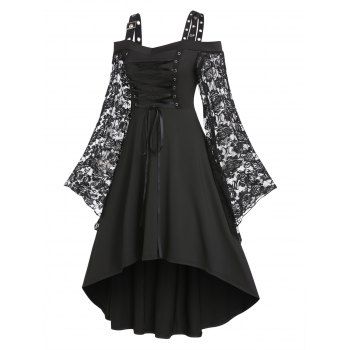 

Gothic Dress Floral Lace Dress Lace Up Grommet Cold Shoulder Long Sleeve High Low Midi Dress, Black