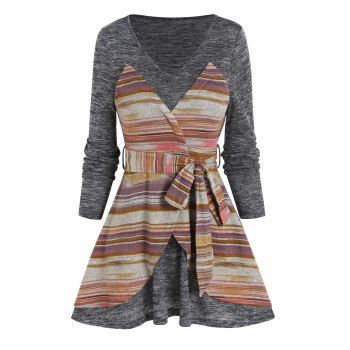 

Vintage T Shirt Space Dye Striped Colorblock T Shirt Belted Long Sleeve Casual Tee, Multicolor