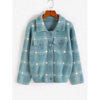 

Flap Pockets Button Up Plaid Cardigan, Blue