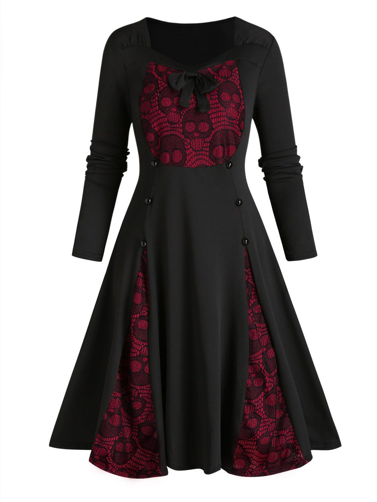 Gothic Dress Skull Lace Bowknot Mock Button Long Sleeve Sweetheart Neck A Line Mini Dress - RED M