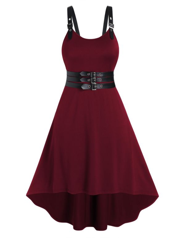 Plus Size Dress Adjustable Strap Self Belted Grommet Square Ring High Low Midi Dress - DEEP RED L
