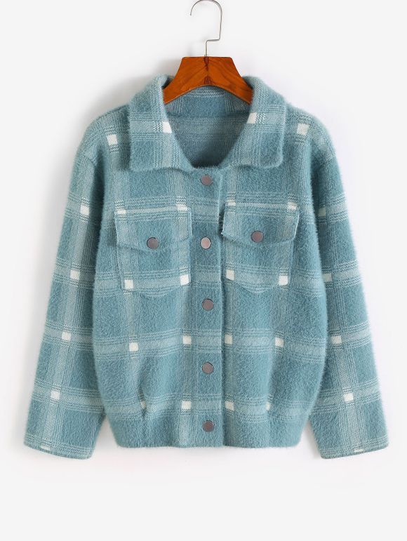 Cardigan Boutonné à Carreaux avec Poches à Rabat - Bleu L