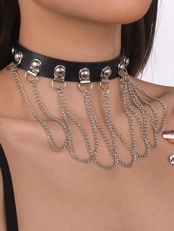 Collier Ras-du-Cou D'Halloween Gothique Embelli de Chaîne en Cuir - Noir 