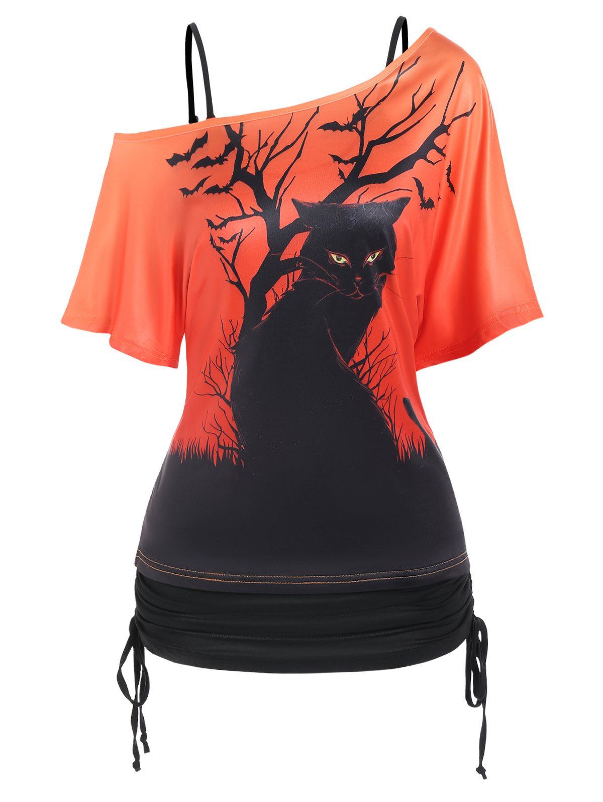 Gothic Top Solid Color Cinched Tank Top and Skew Neck Cat Print T Shirt Two Piece Top - ORANGE XXXL