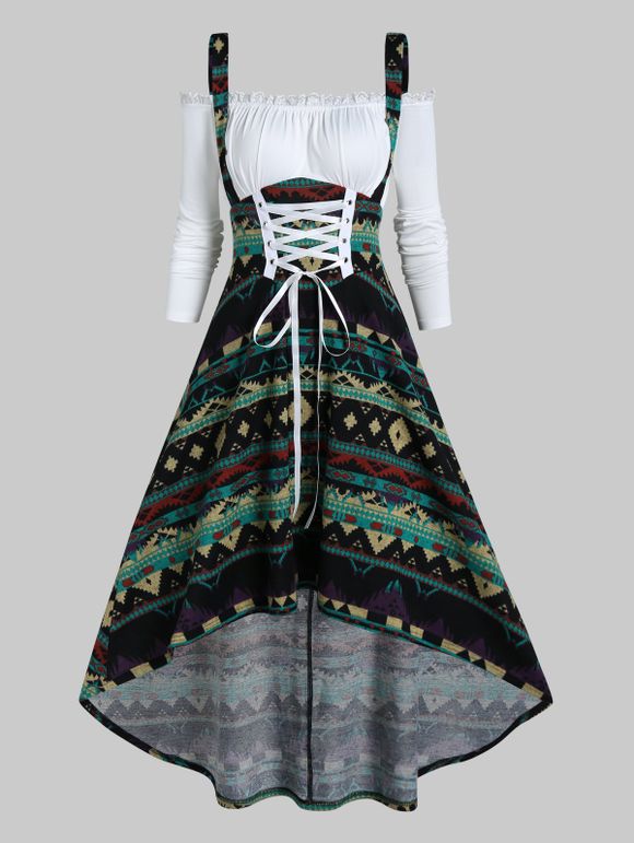 Tribal Geometric Print Ethnic Dress Cold Shoulder Lace Up Faux Twinset Dress Ruffled Long Sleeve Dress - BLACK XXXL