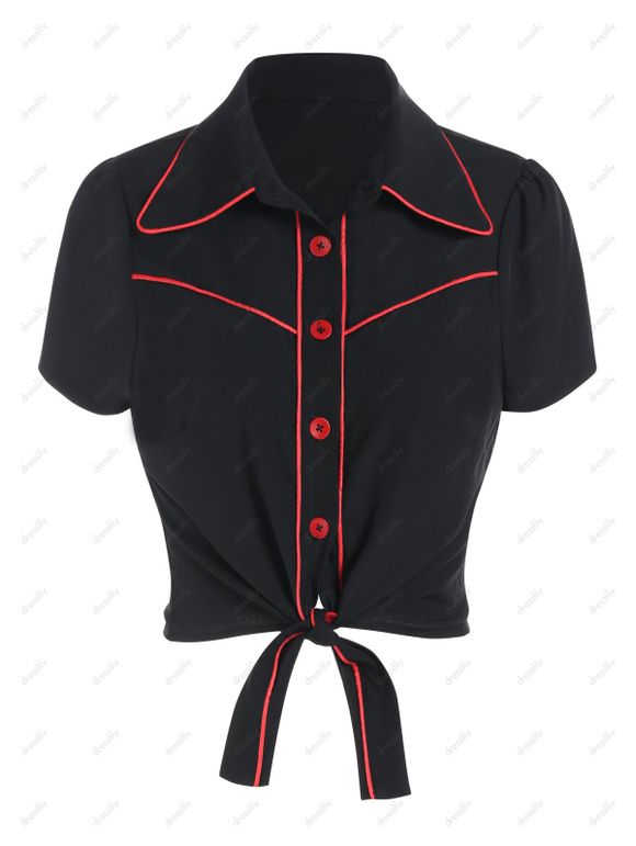 Ensemble de Chemisier Décontracté en Deux-Pièces avec Attaches et Boutons et Jupe en Ligne A Mi-longue - Noir XL