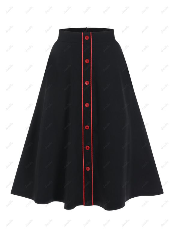 Ensemble de Chemisier Décontracté en Deux-Pièces avec Attaches et Boutons et Jupe en Ligne A Mi-longue - Noir XL