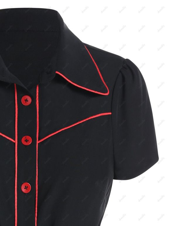 Ensemble de Chemisier Décontracté en Deux-Pièces avec Attaches et Boutons et Jupe en Ligne A Mi-longue - Noir XL