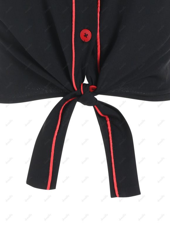 Ensemble de Chemisier Décontracté en Deux-Pièces avec Attaches et Boutons et Jupe en Ligne A Mi-longue - Noir XL