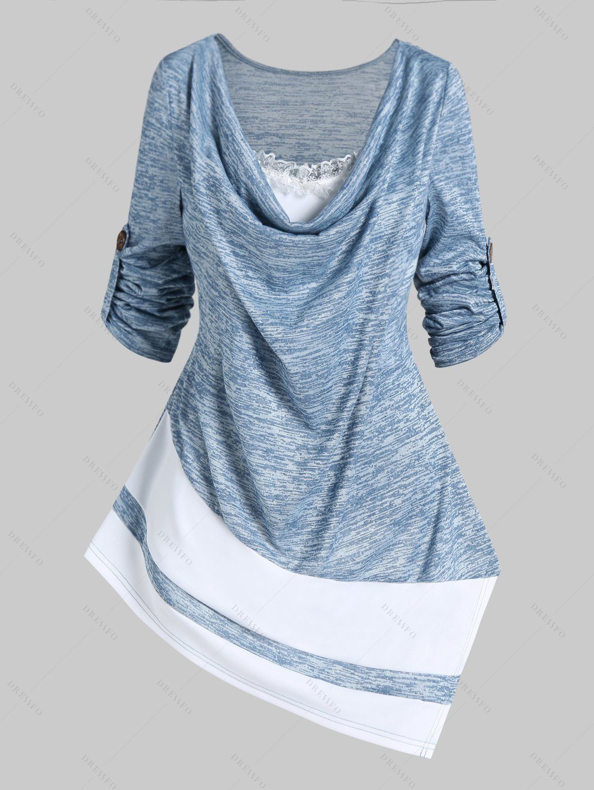 Colorblock Space Dye Print Asymmetric T Shirt Cowl Collar Pointed Hem Roll Up Sleeve T-shirt Lace Ruffled Casaul Tee - LIGHT BLUE XXXL