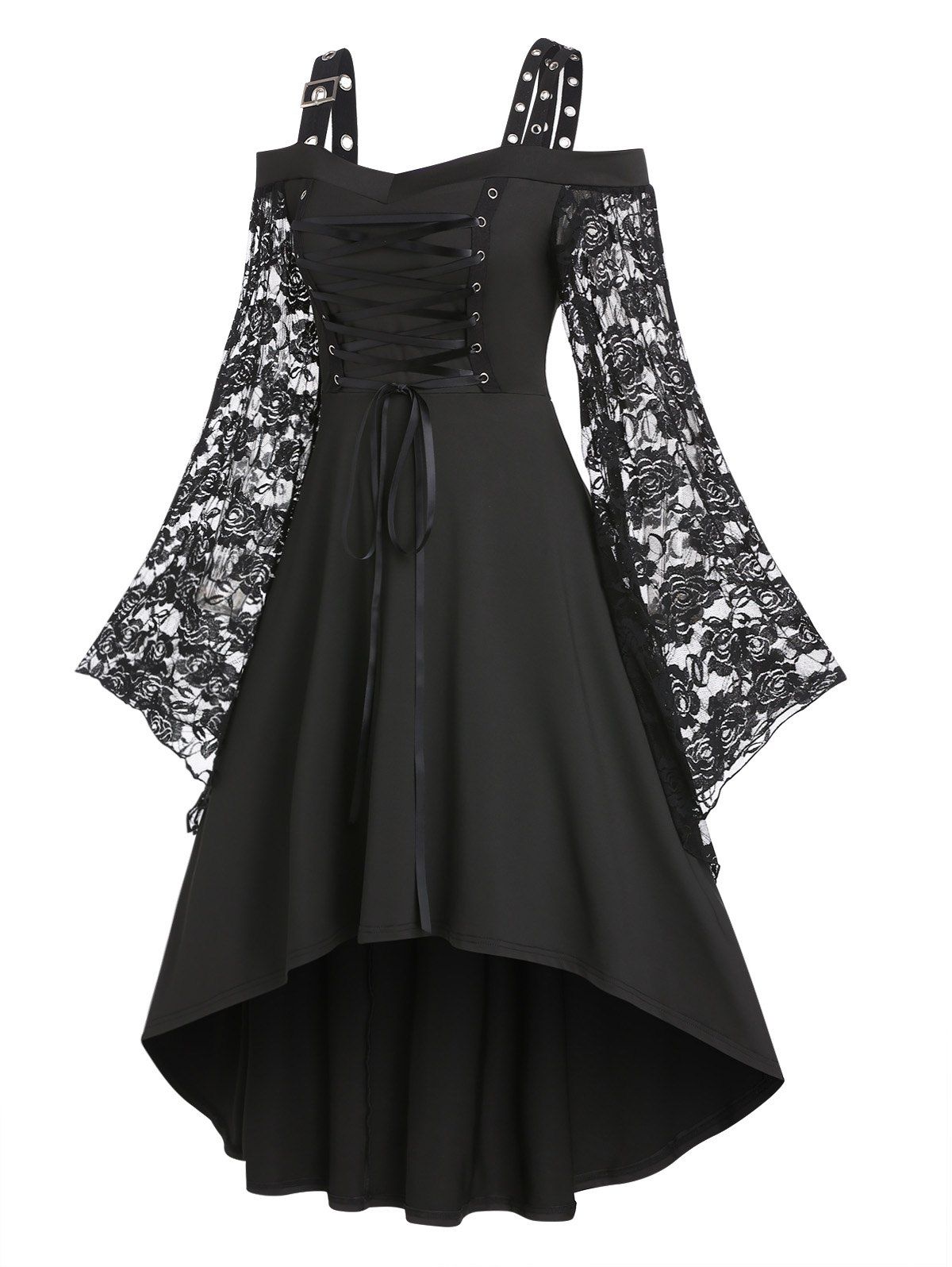 Gothic Dress Floral Lace Dress Lace Up Grommet Cold Shoulder Long Sleeve High Low Midi Dress - BLACK L