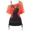 Gothic Top Solid Color Cinched Tank Top and Skew Neck Cat Print T Shirt Two Piece Top - ORANGE XXXL