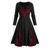 Gothic Dress Skull Lace Bowknot Mock Button Long Sleeve Sweetheart Neck A Line Mini Dress - RED M