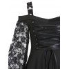 Robe Mi-Longue Haute Basse Gothique Fleurie à Epaule Dénudée à Manches Longues à Lacets - Noir XXL
