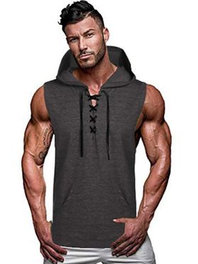 Lace Up Hooded Tank Top Front Pocket Casual Tank Top