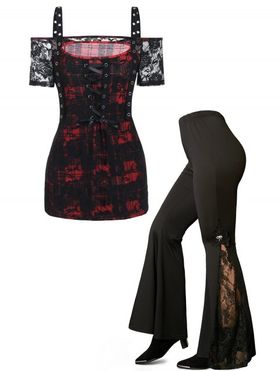 Plaid Print Rose Lace Panel Cut Out Lace Up T Shirt And Embroidery Applique Flare Pants Gothic Outfit