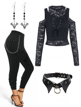 Halloween Gothic Outfit For Lace Two Piece Top Pants Choker And Earrings