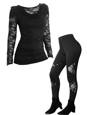 Gothic Outfit Floral Lace Sleeve Cowl Neck T Shirt And Lace Patch Eyelets High Waist Pants Set