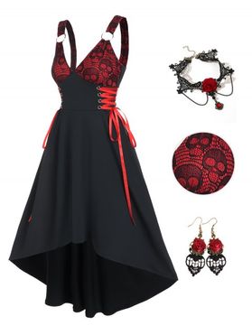 Halloween Outfit Lace Up Skull Pattern Lace Insert High Low Gothic Dress And Rose Flower Lace Necklace Earrings Set