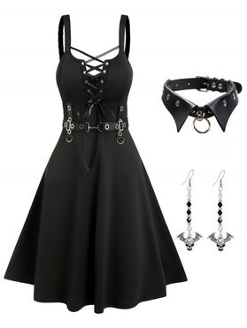 Gothic Outft Punk Lace Up D-ring Eyelet A Line Dress And Choker Necklace Hanging Earrings Set
