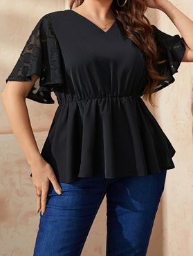 Plus Size T Shirt Solid Color T Shirt Printed Mesh Flutter Sleeve High Waisted Casual Tee