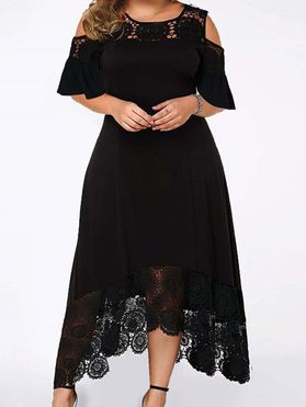 Plus Size Dress Hollow Out Printed Lace Panel Cold Shoulder Asymmetrical Hem Maxi Dress