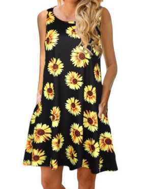 Sunflower Print Mini Tank Dress Side Pockets Vacation Dress Sleeveless Round Neck Casual A Line Dress