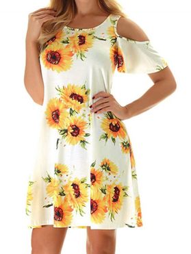 Cold Shoulder Mini Dress Sunflower Print Vacation Dress Short Sleeve Casual Tee Dress