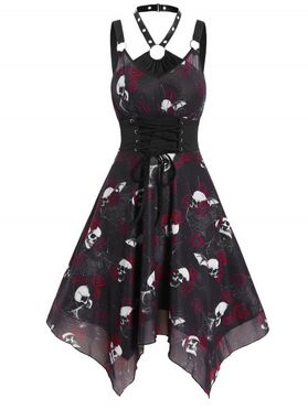 Halloween Dress Skull Rose Spider Web Lace Overlap Handkerchief Dress O Ring Halter Lace Up Gothic Dress