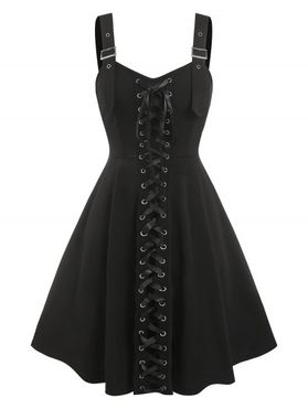 Sleeveless Lace-up Front Mock Button Dress