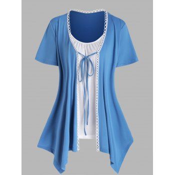 

Contrast Colorblock Faux Twinset T Shirt Lace Insert Tied Front Short Sleeve Casual Tee, Blue