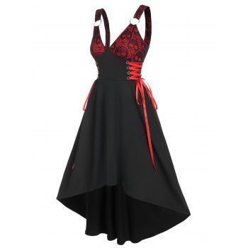 

Gothic Dress Skull Lace Insert Corset Style A Line Dress Plunge O Ring High Low Dress, Black
