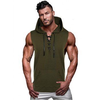 

Lace Up Hooded Tank Top Front Pocket Casual Tank Top, Army green