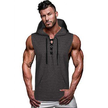 

Lace Up Hooded Tank Top Front Pocket Casual Tank Top, Gray