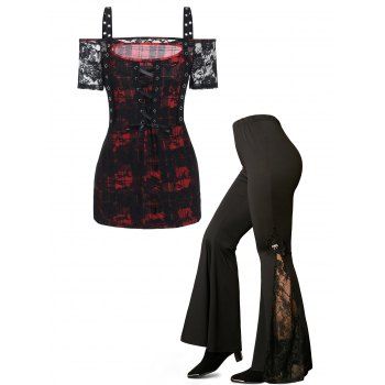 

Plaid Print Rose Lace Panel Cut Out Lace Up T Shirt And Embroidery Applique Flare Pants Gothic Outfit, Multicolor