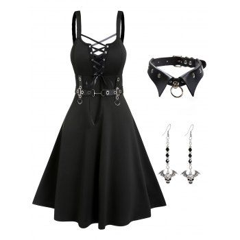 Halloween Outfit Gothic Punk Lace Up D-ring Eyelet A Line Dress And Choker Necklace Hanging Earrings Set