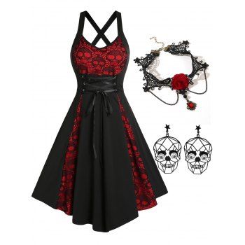 Halloween Outfit Skull Pattern Lace Insert Lace-up Gothic Godet Dress And Choker Necklace Earrings Set