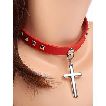 

Faux Leather Cross Rivets Punk Gothic Choker Necklace, Red