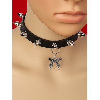 

Butterfly Pendant Rivets Faux Leather Gothic Punk Choker Necklace, Black