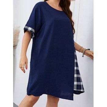 

Plus Size Dress Mini Dress Plaid Print Insert Mock Button Asymmetrical Dress, Deep blue
