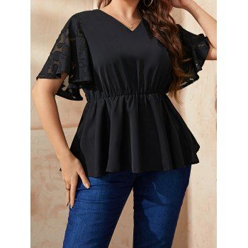 

Plus Size T Shirt Solid Color T Shirt Printed Mesh Flutter Sleeve High Waisted Casual Tee, Black