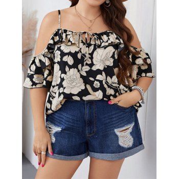 

Plus Size T Shirt Floral T Shirt Tied Flounce Cold Shoulder Vacation Casual Tee, Black