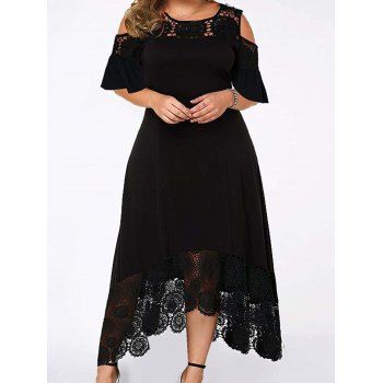 

Plus Size Dress Hollow Out Printed Lace Panel Cold Shoulder Asymmetrical Hem Maxi Dress, Black