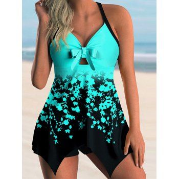 

Tummy Control Tankini Swimsuit Ombre Floral Print Asymmetric Tankini Swimsuit Keyhole Knot Cross Straps Boyleg Bathing Suit, Green