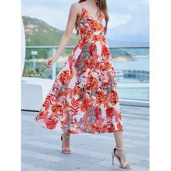 

Vacation Beach Sundress Allover Leaf Print Surplice Slit High Waisted Dress A Line Midi Dress, Orange