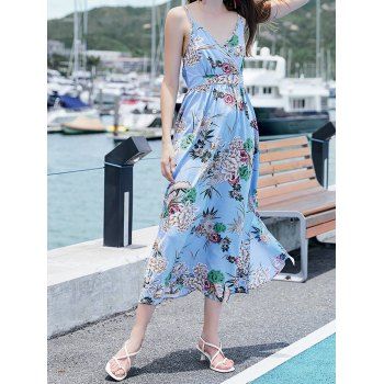 

Vacation Sundress A Line Dress Flower Print Slit Surplice High Waisted Midi Dress, Light blue