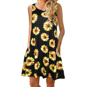 

Sunflower Print Mini Tank Dress Side Pockets Vacation Dress Sleeveless Round Neck Casual A Line Dress, Black