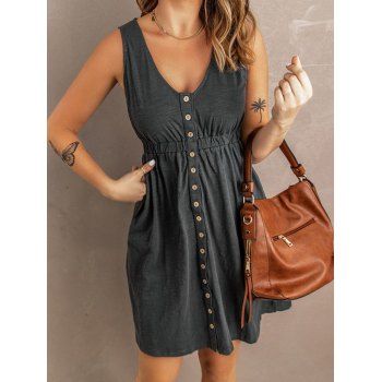 

Button Up Mini Dress Elastic High Waist Plunging Neck Casual Dress, Gray