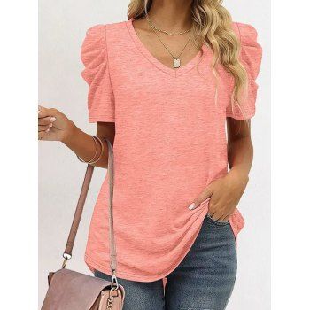 

Ruched Short Sleeve T Shirt V Neck Heathered Summer Casual Tee, Light pink